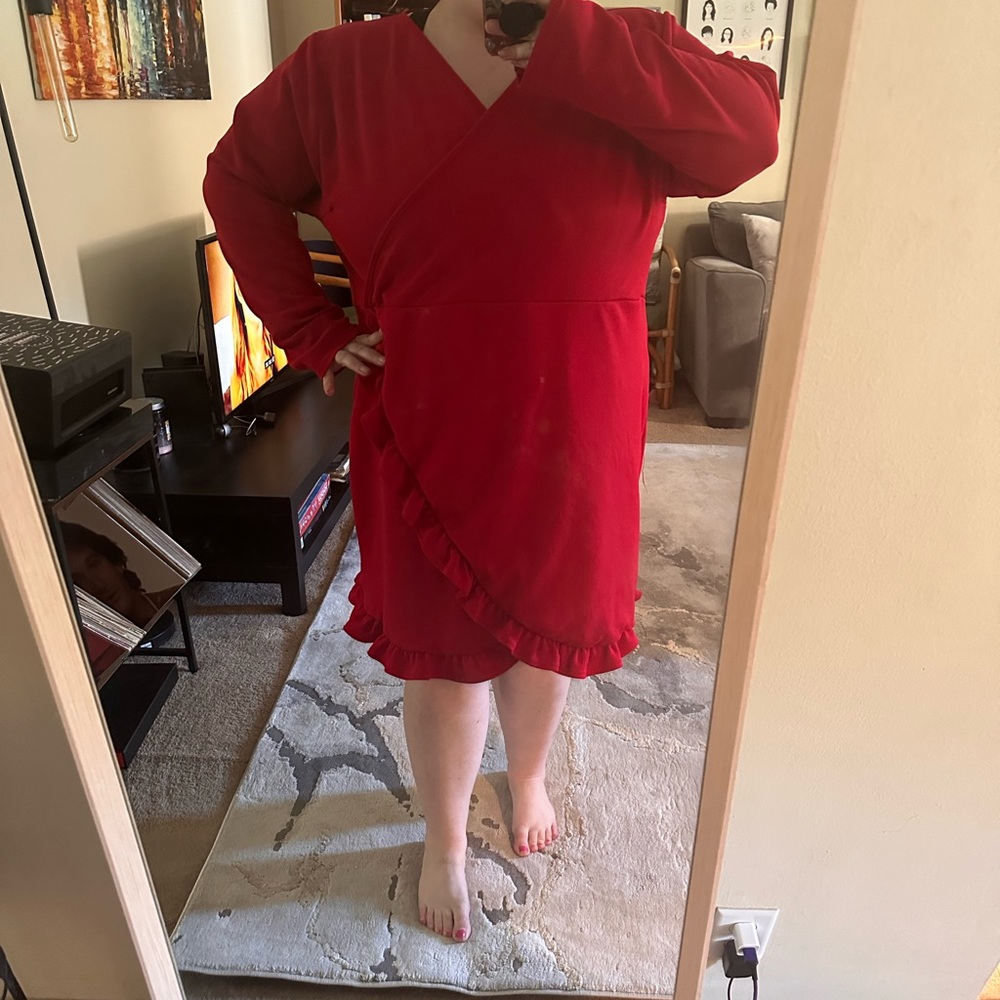 Pretty little things red dress - only worn once , ruffle faux wrap dress